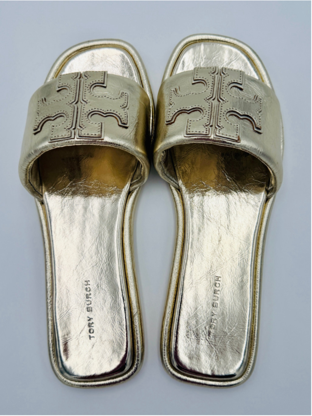 Tory Burch Double T Sport Slides Spark Gold Leather Sandals NWOB 8.5 140838 - Picture 7 of 9